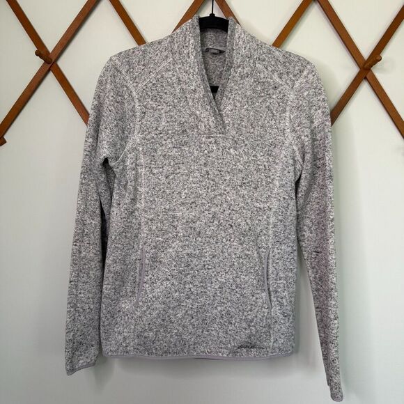Eddie Bauer Fleece Lined V-Neck Pullover Pockets Marled Grey Mint Womens Medium - Picture 2 of 8